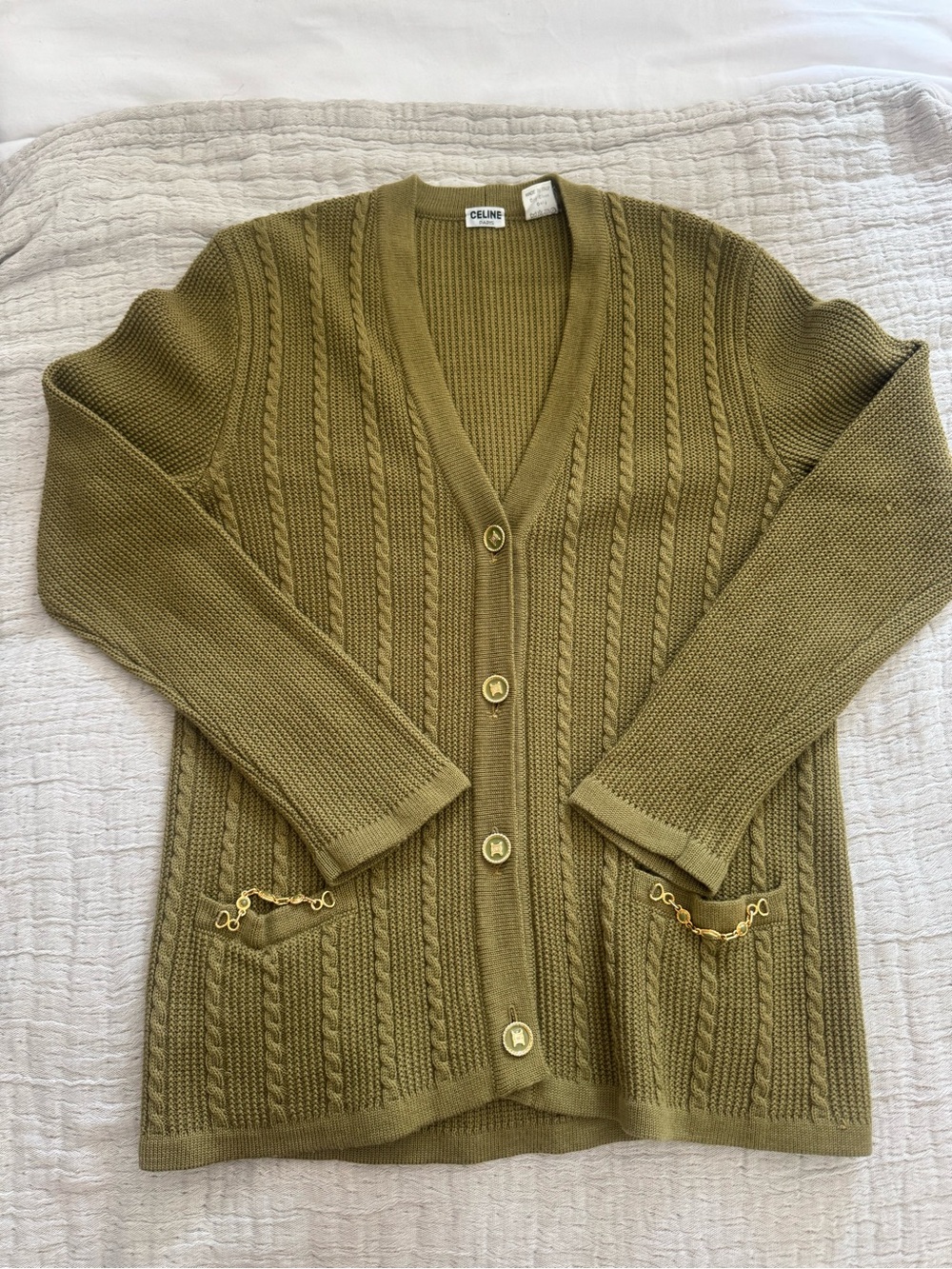 Celine Olive Cable-Knit V-Neck Cardigan with Gold Chain Pockets